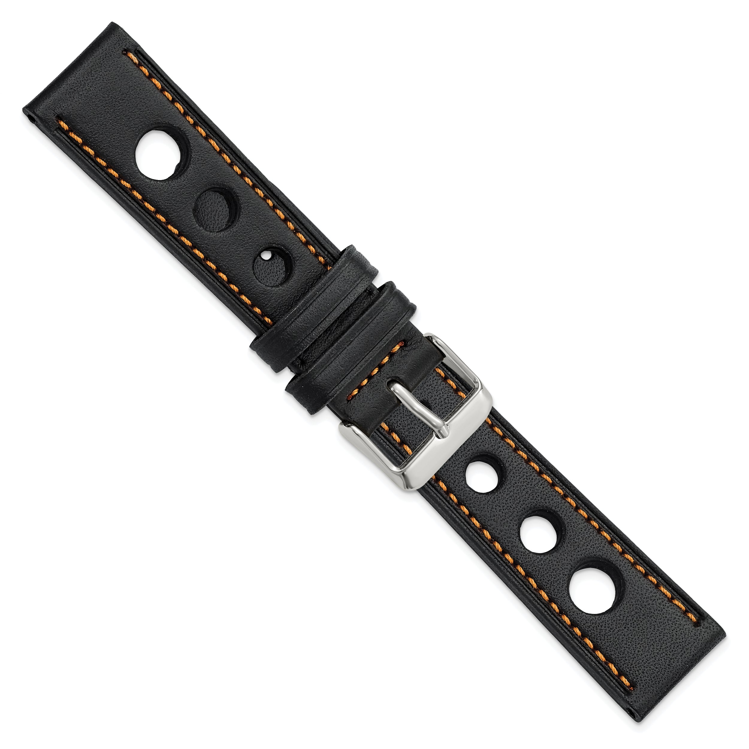 18mm Black Grand Prix Leather with Orange Stitching and Silver-tone Buckle 7.5 inch Watch Band