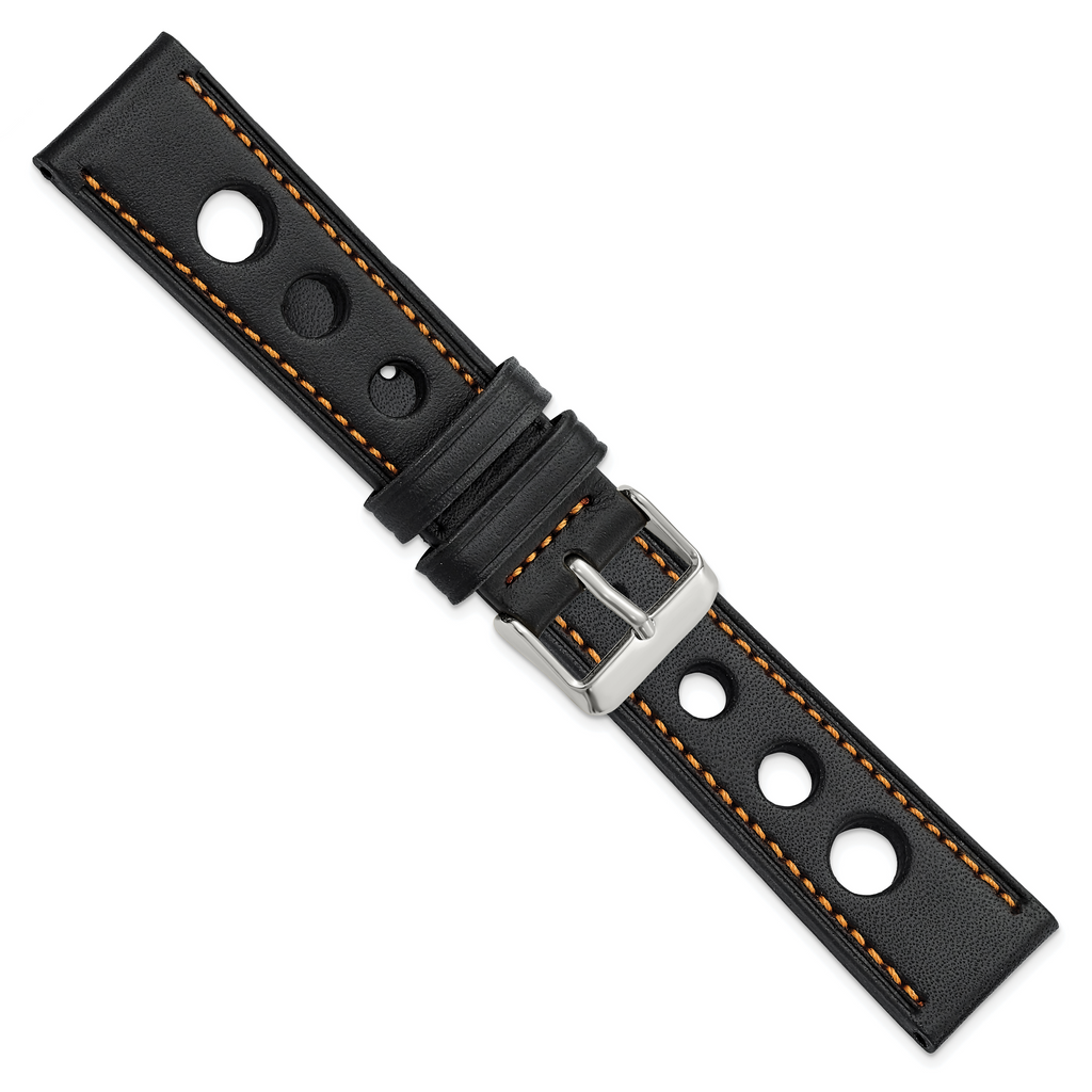 18mm Black Grand Prix Leather with Orange Stitching and Silver-tone Buckle 7.5 inch Watch Band