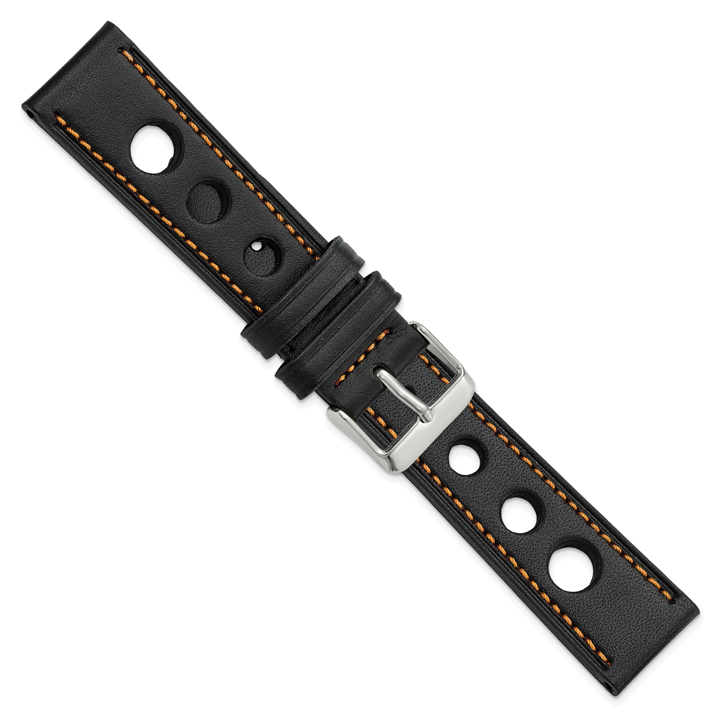 18mm Black Grand Prix Leather with Orange Stitching and Silver-tone Buckle 7.5 inch Watch Band