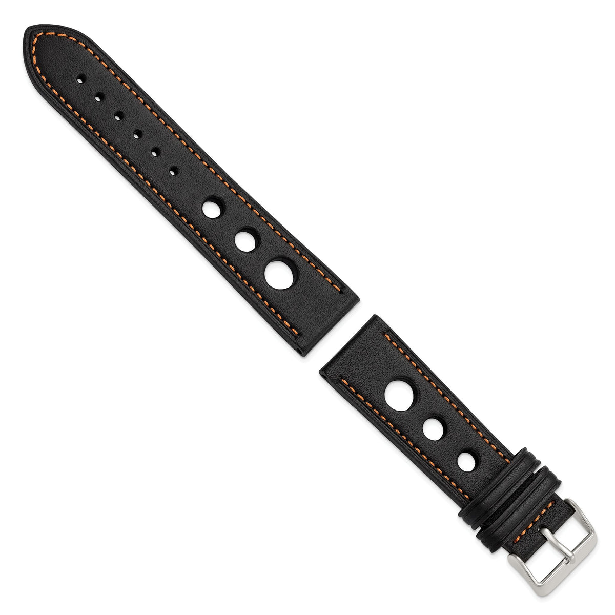 DeBeer 24mm Black Grand Prix Leather with Orange Stitching and Silver-tone Buckle 7.5 inch Watch Band