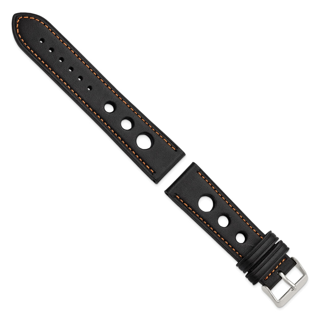 DeBeer 24mm Black Grand Prix Leather with Orange Stitching and Silver-tone Buckle 7.5 inch Watch Band