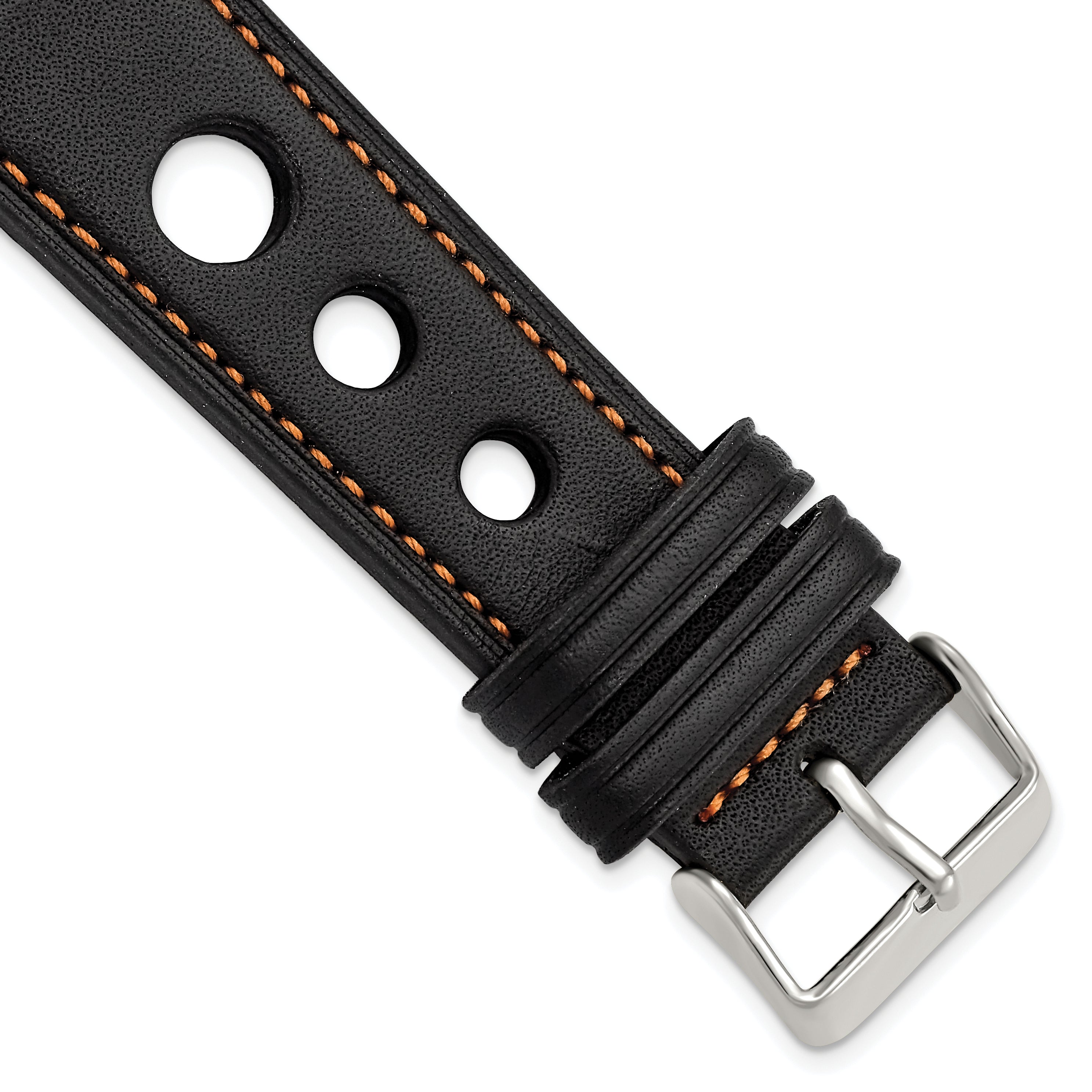 18mm Black Grand Prix Leather with Orange Stitching and Silver-tone Buckle 7.5 inch Watch Band
