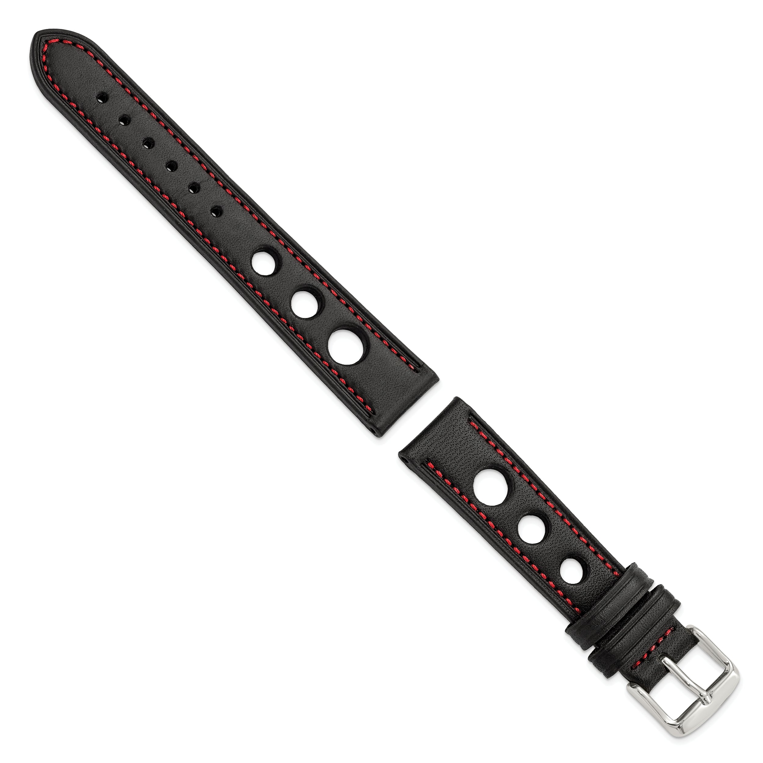 18mm Black Grand Prix Leather with Red Stitching and Silver-tone Buckle 7.5 inch Watch Band