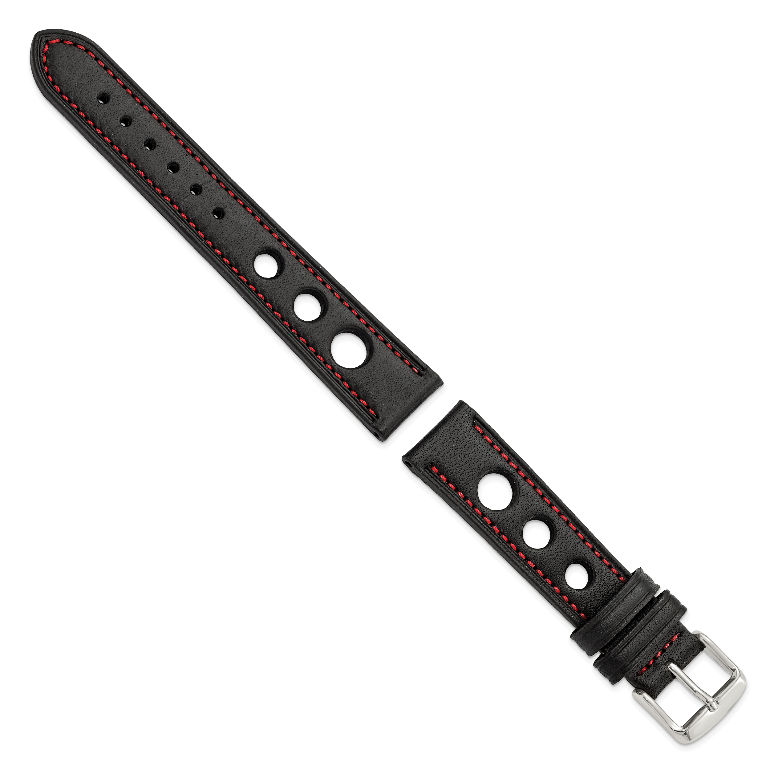 18mm Black Grand Prix Leather with Red Stitching and Silver-tone Buckle 7.5 inch Watch Band