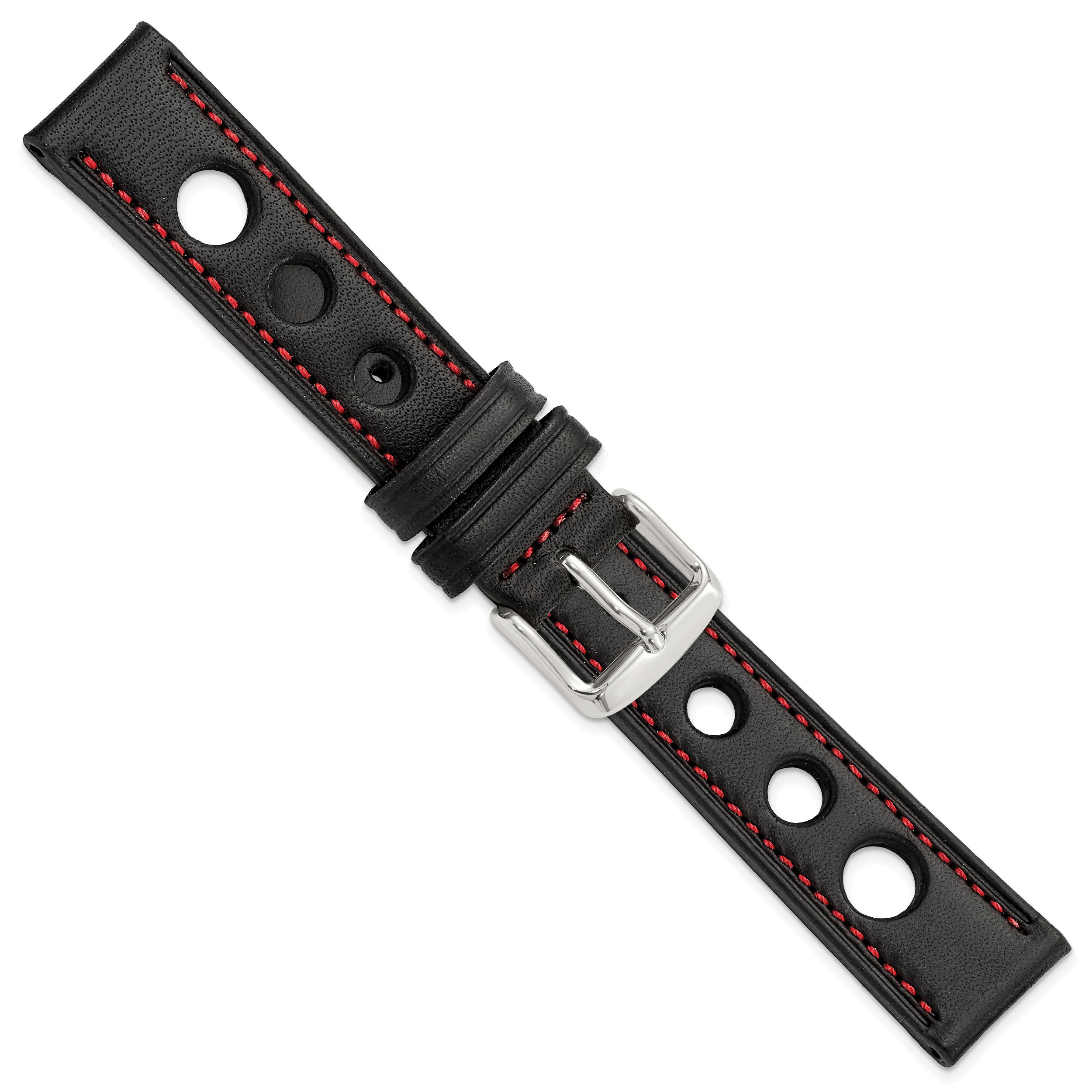 18mm Black Grand Prix Leather with Red Stitching and Silver-tone Buckle 7.5 inch Watch Band