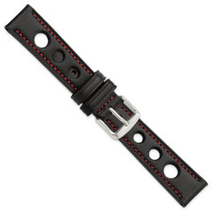 18mm Black Grand Prix Leather with Red Stitching and Silver-tone Buckle 7.5 inch Watch Band