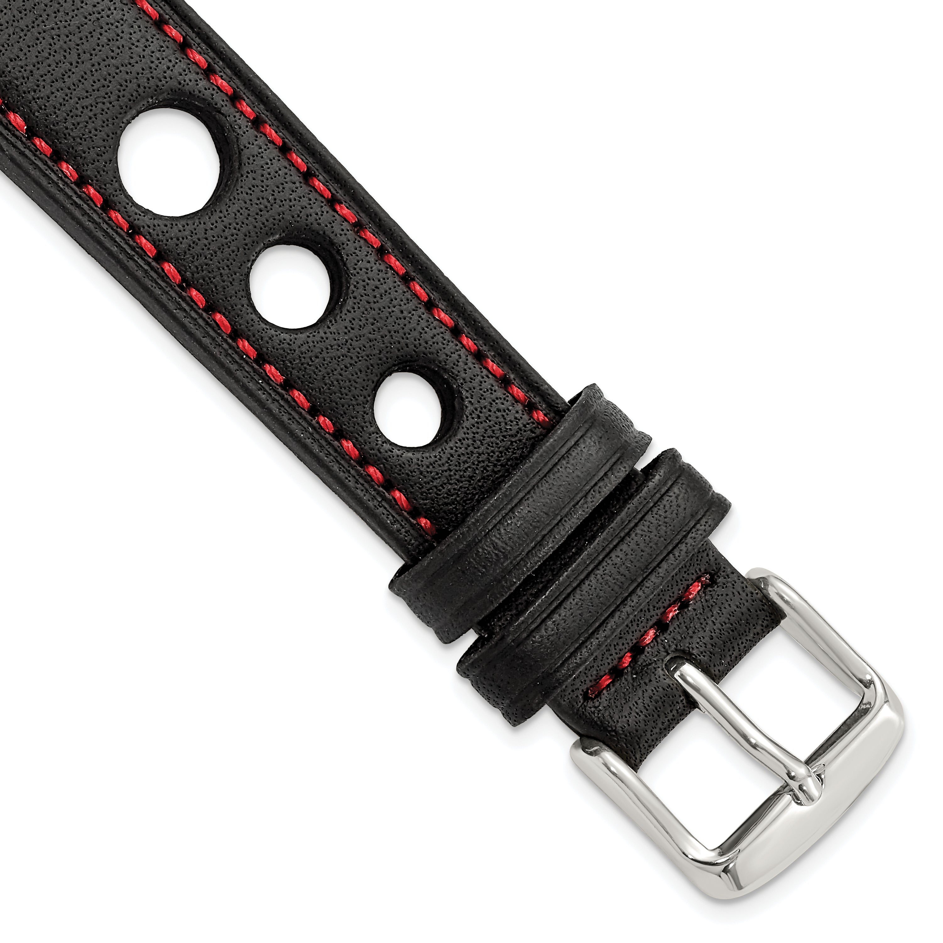 18mm Black Grand Prix Leather with Red Stitching and Silver-tone Buckle 7.5 inch Watch Band