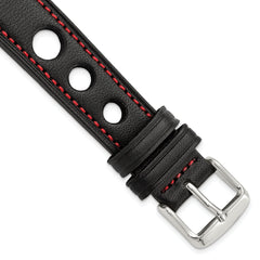 18mm Black Grand Prix Leather with Red Stitching and Silver-tone Buckle 7.5 inch Watch Band