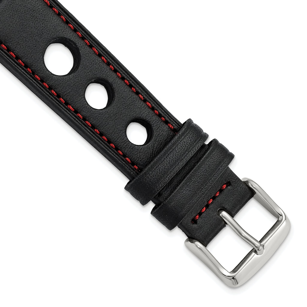 DeBeer 20mm Black Grand Prix Leather with Red Stitching and Silver-tone Buckle 7.5 inch Watch Band