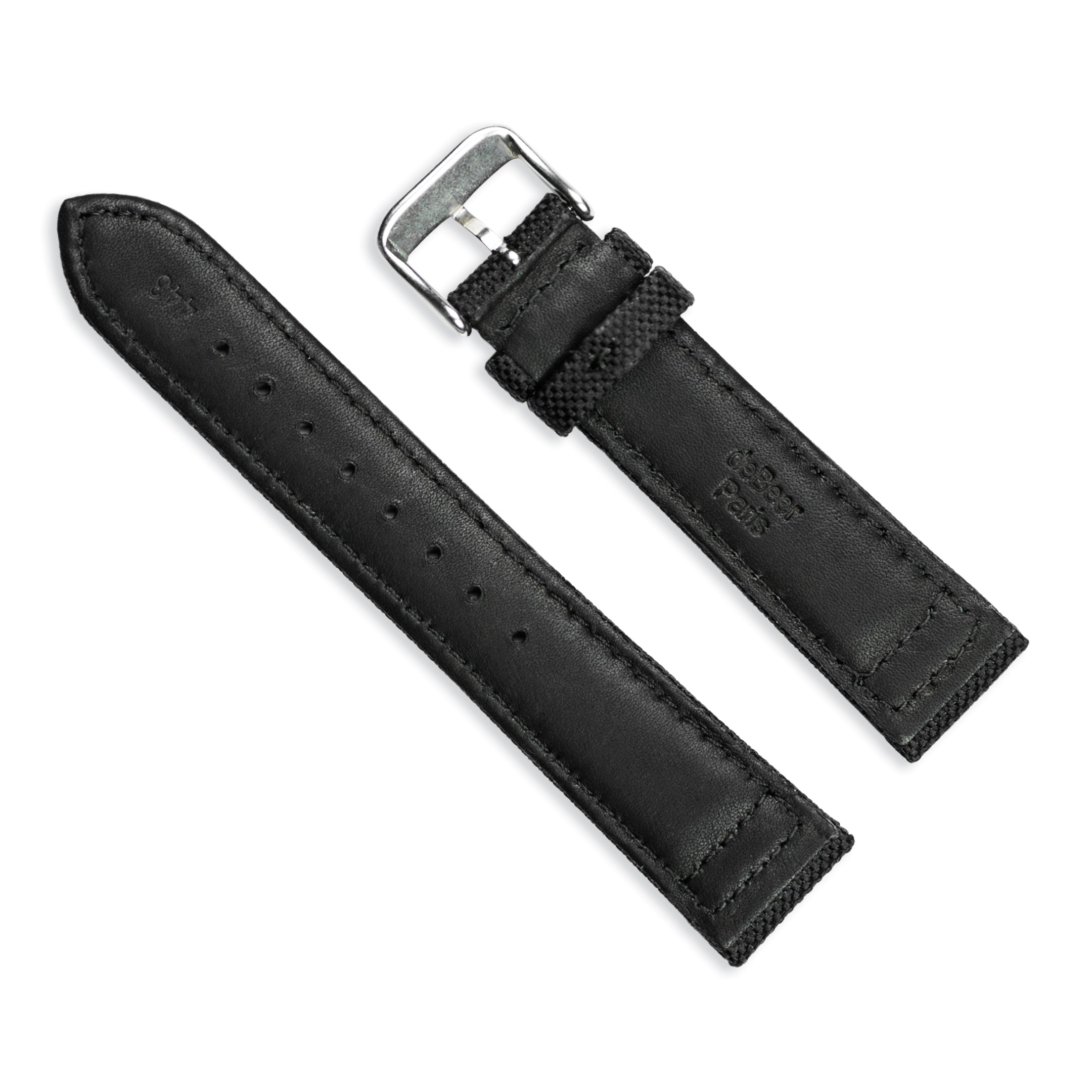 18mm Black Nylon Canvas with Black Leather Lining and Brushed Stainless Steel Buckle 7.75 inch Watch Band