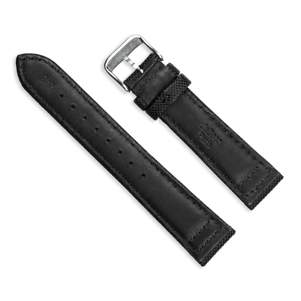 18mm Black Nylon Canvas with Black Leather Lining and Brushed Stainless Steel Buckle 7.75 inch Watch Band