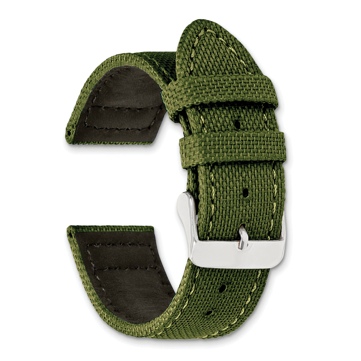 18mm Olive Nylon Canvas with Black Leather Lining and Brushed Stainless Steel Buckle 7.75 inch Watch Band