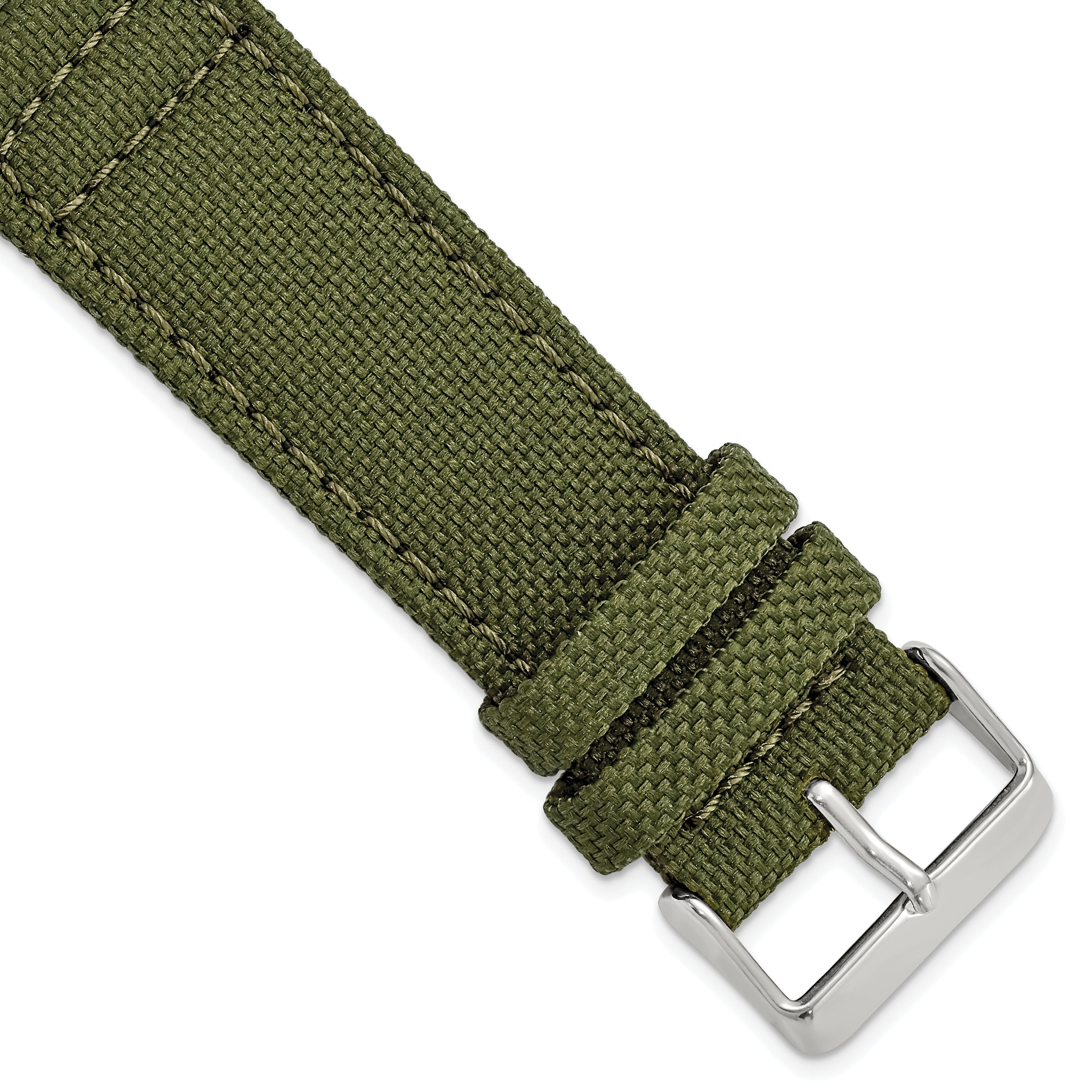 18mm Olive Nylon Canvas with Black Leather Lining and Brushed Stainless Steel Buckle 7.75 inch Watch Band