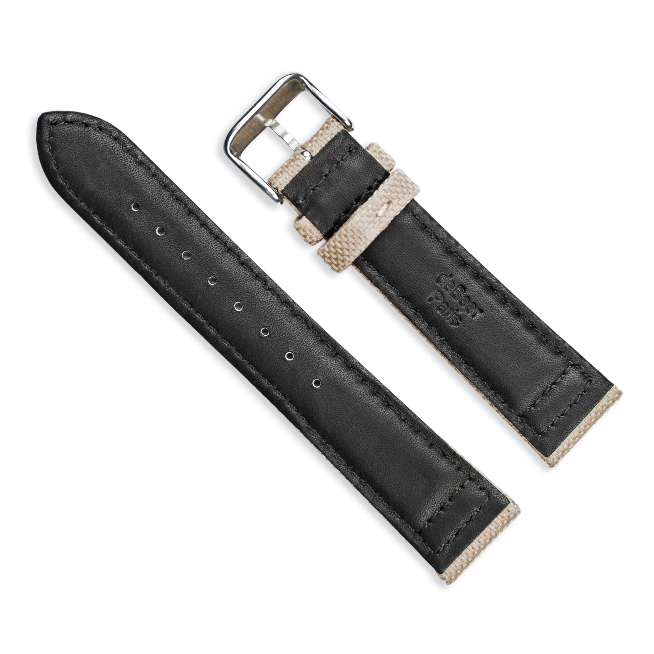 18mm Beige Nylon Canvas with Black Leather Lining and Brushed Stainless Steel Buckle 7.75 inch Watch Band