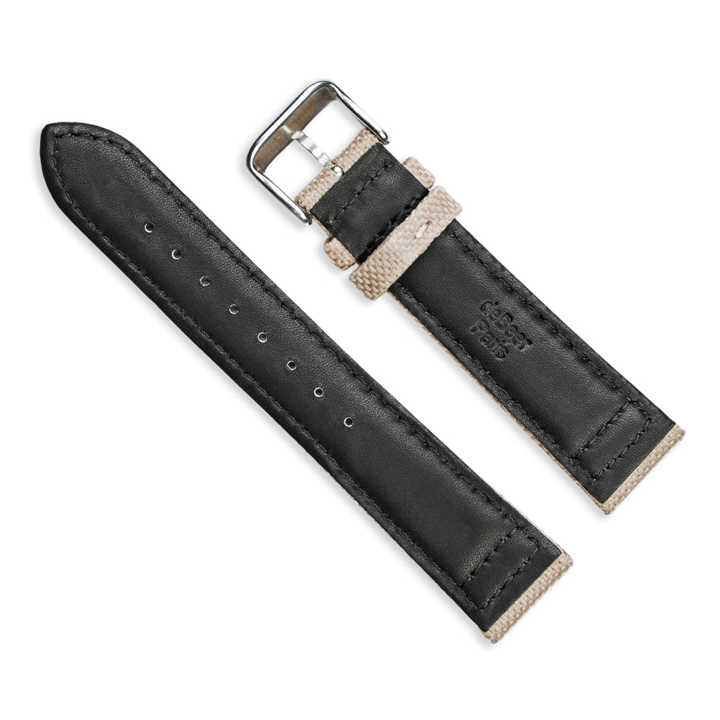 18mm Beige Nylon Canvas with Black Leather Lining and Brushed Stainless Steel Buckle 7.75 inch Watch Band