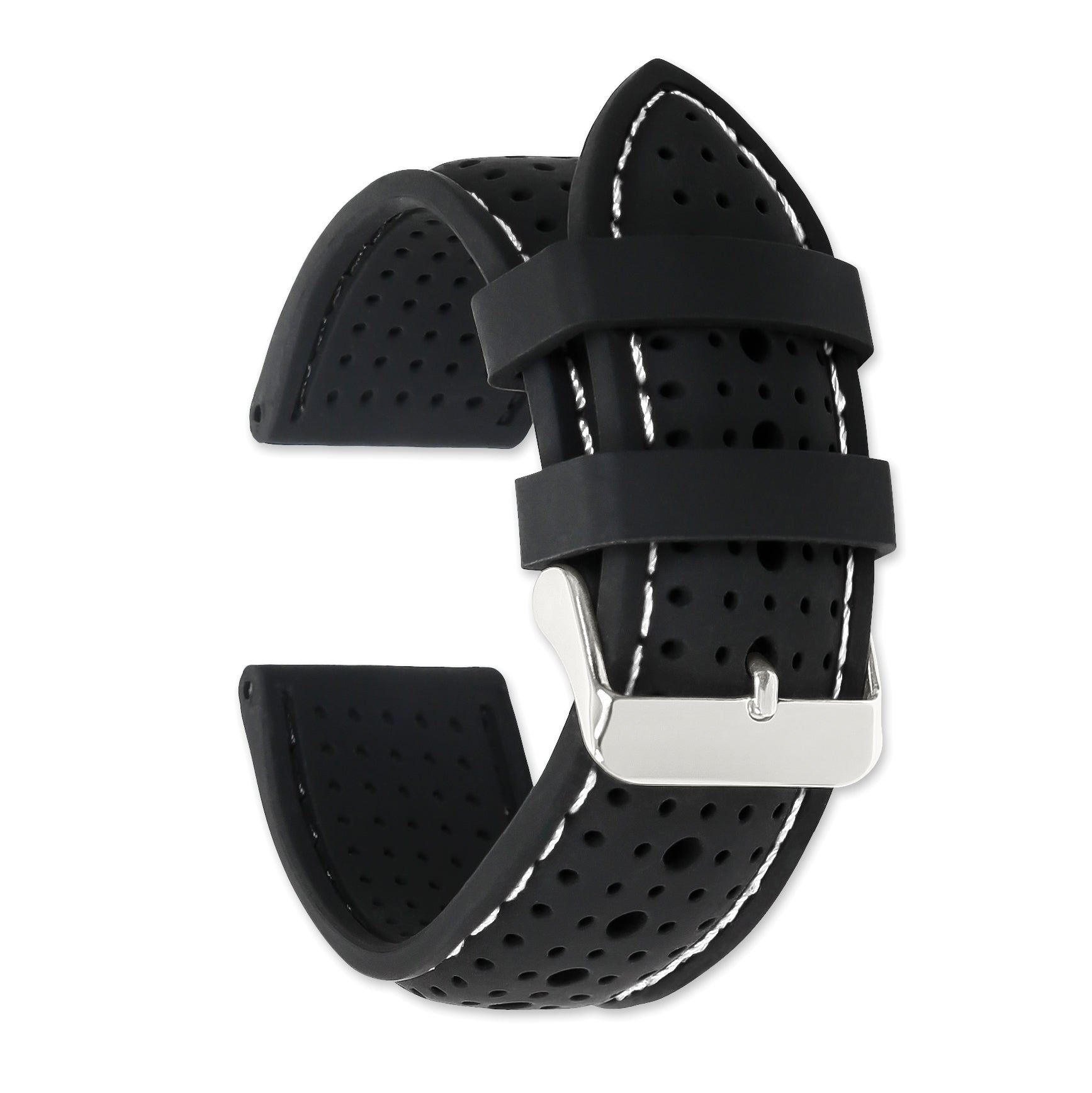 22mm Black Ventilated Silicone with White Stitching and Silver-tone Buckle 8 inch Watch Band