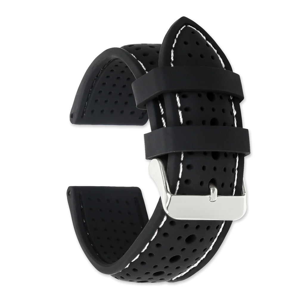 22mm Black Ventilated Silicone with White Stitching and Silver-tone Buckle 8 inch Watch Band