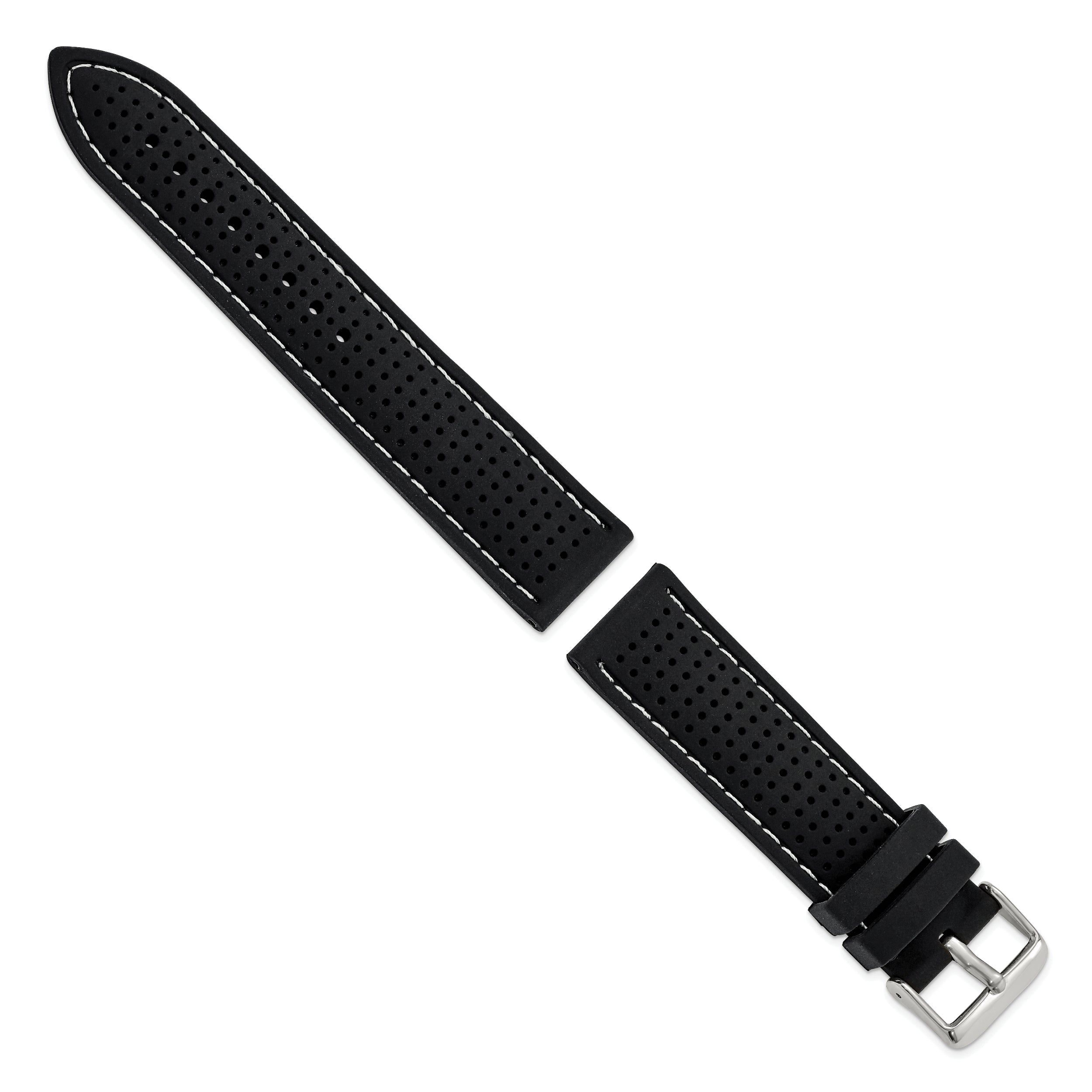 22mm Black Ventilated Silicone with White Stitching and Silver-tone Buckle 8 inch Watch Band