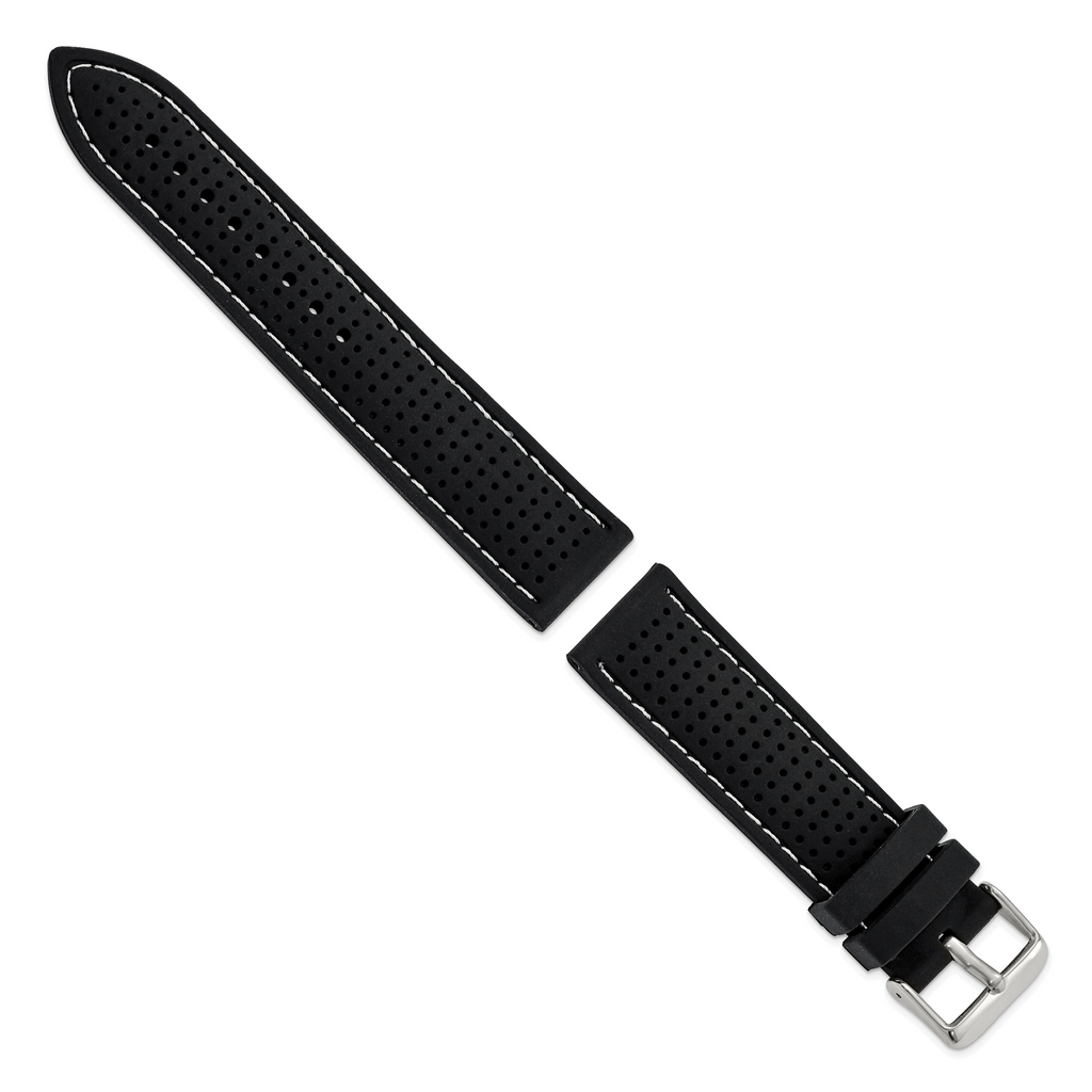 22mm Black Ventilated Silicone with White Stitching and Silver-tone Buckle 8 inch Watch Band