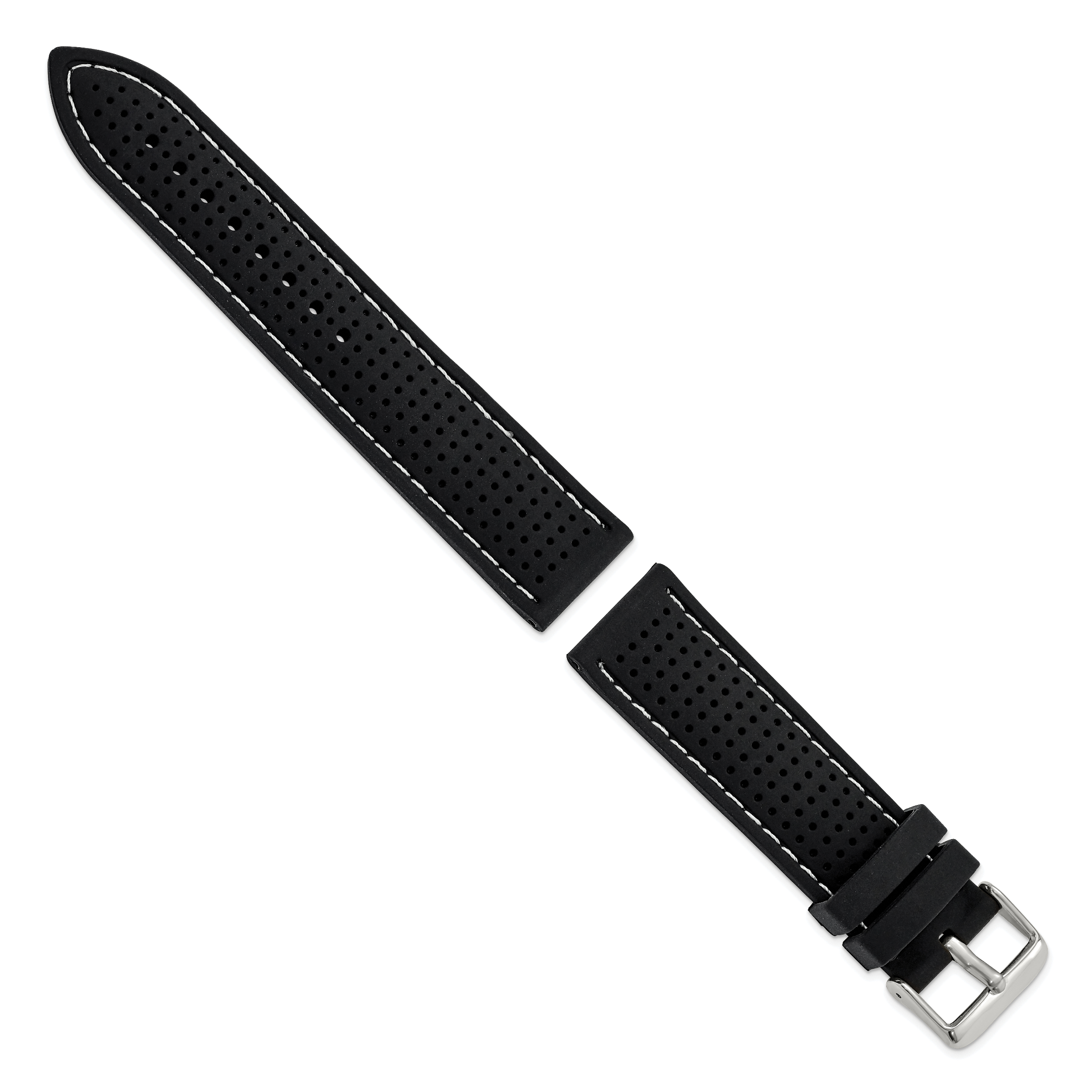 22mm Black Ventilated Silicone with White Stitching and Silver-tone Buckle 8 inch Watch Band