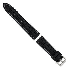 22mm Black Ventilated Silicone with White Stitching and Silver-tone Buckle 8 inch Watch Band
