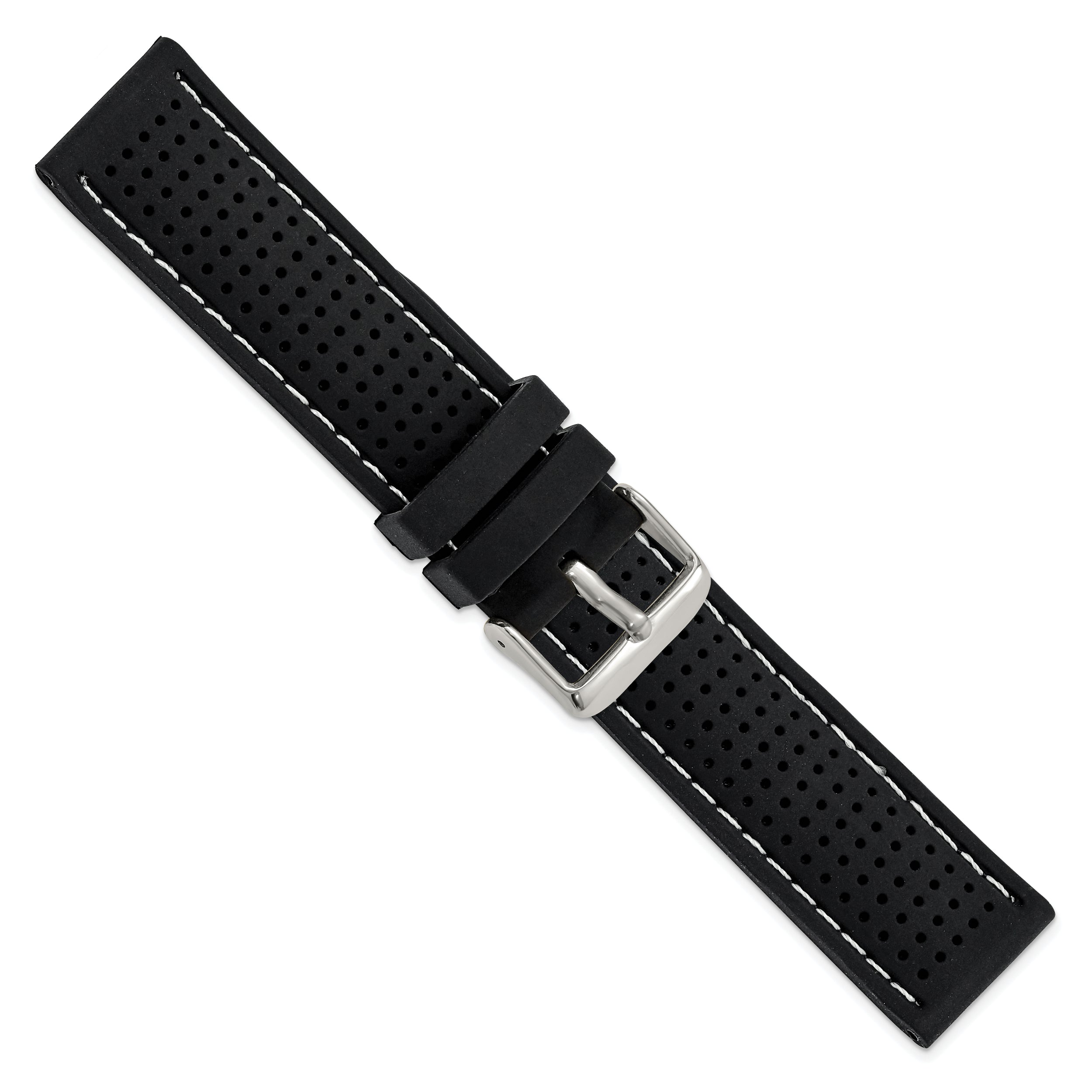 22mm Black Ventilated Silicone with White Stitching and Silver-tone Buckle 8 inch Watch Band