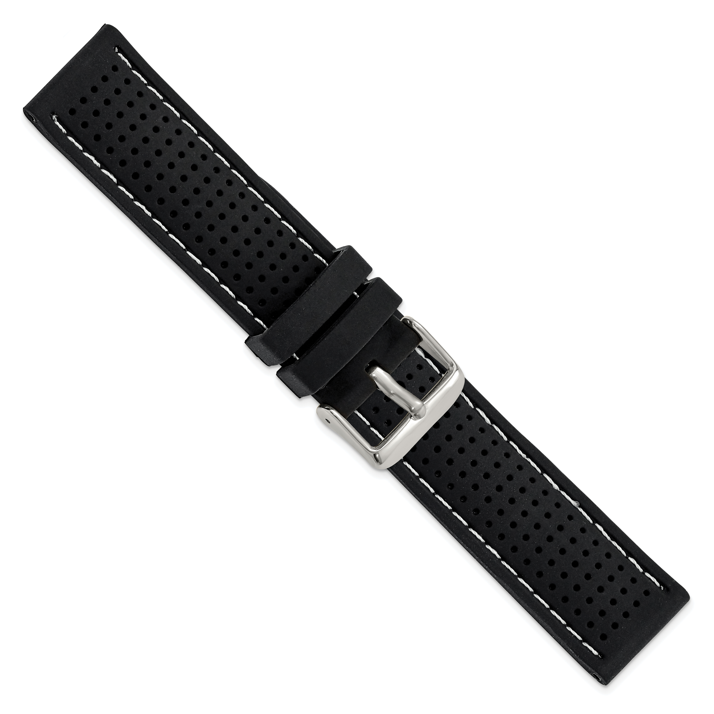 22mm Black Ventilated Silicone with White Stitching and Silver-tone Buckle 8 inch Watch Band
