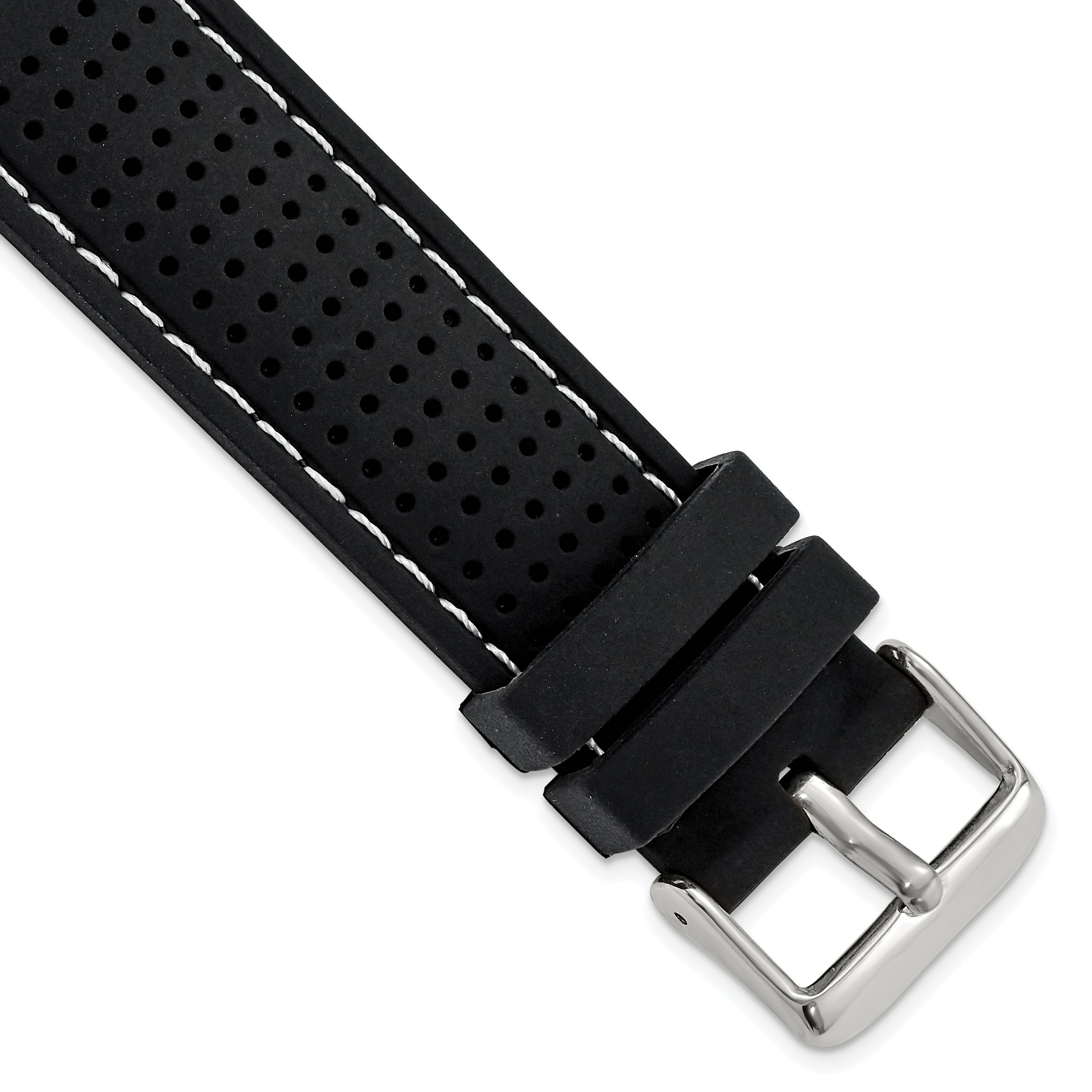 22mm Black Ventilated Silicone with White Stitching and Silver-tone Buckle 8 inch Watch Band