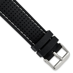 22mm Black Ventilated Silicone with White Stitching and Silver-tone Buckle 8 inch Watch Band