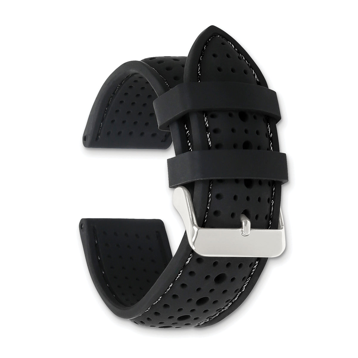18mm Black Ventilated Silicone with Black Stitching and Silver-tone Buckle 8 inch Watch Band