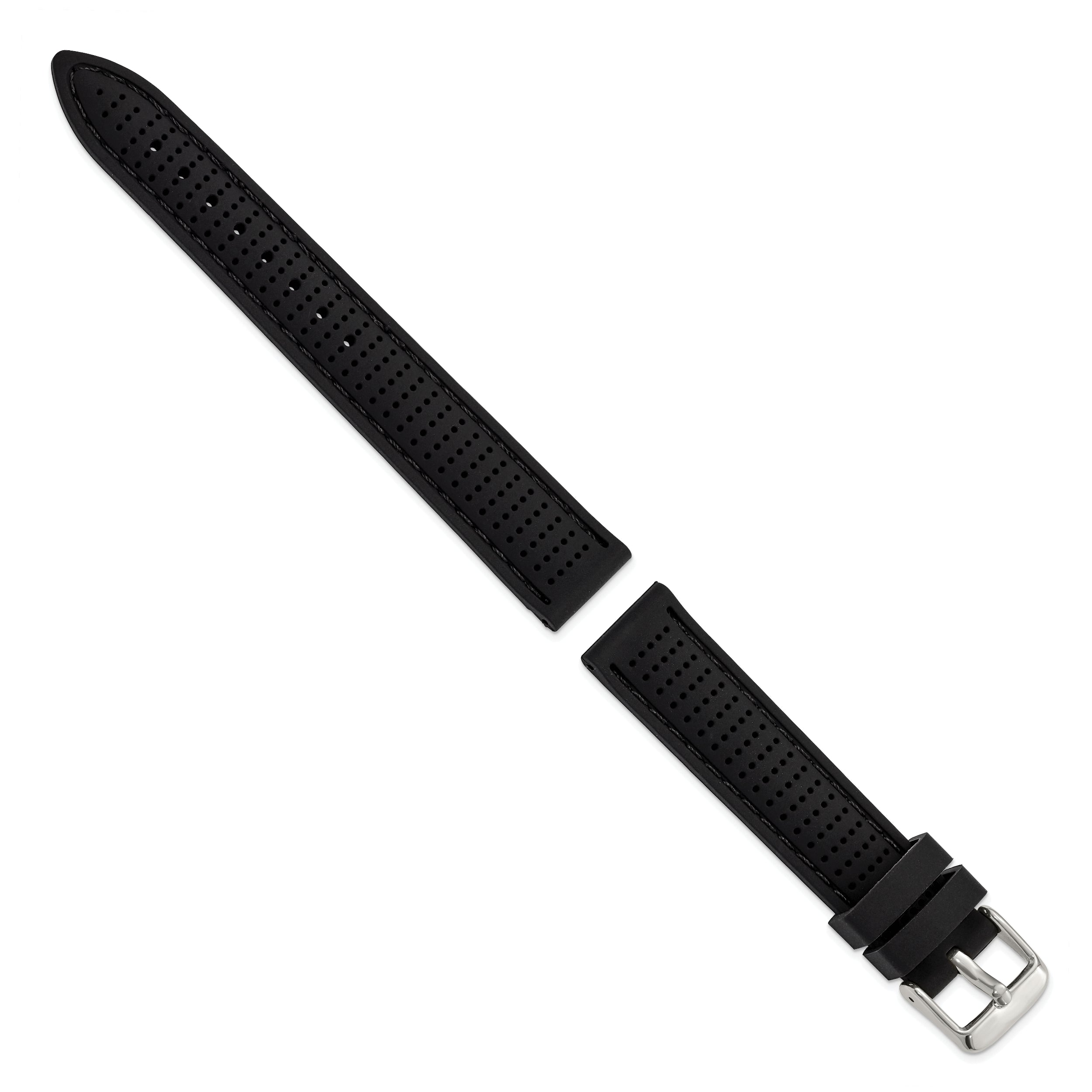 18mm Black Ventilated Silicone with Black Stitching and Silver-tone Buckle 8 inch Watch Band