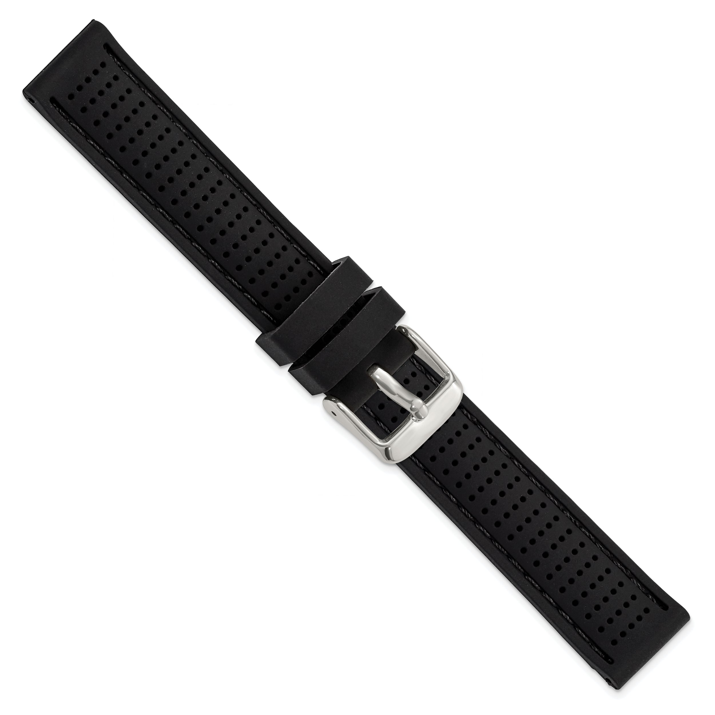 18mm Black Ventilated Silicone with Black Stitching and Silver-tone Buckle 8 inch Watch Band