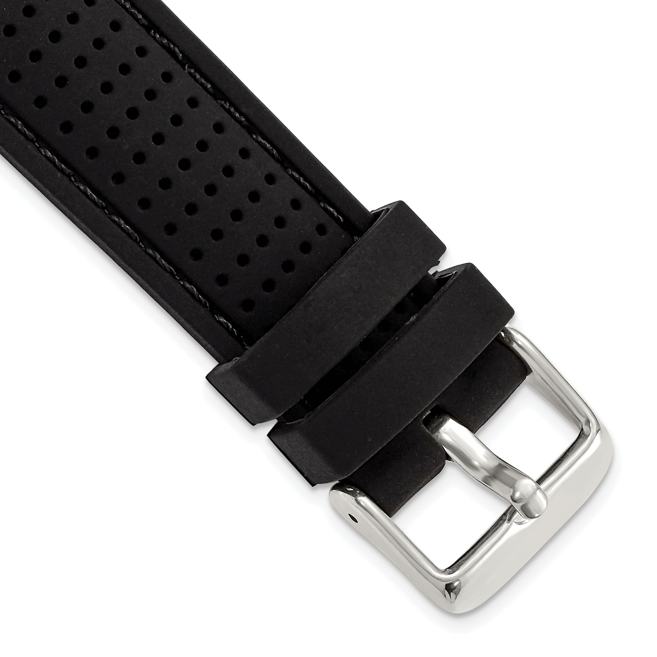 18mm Black Ventilated Silicone with Black Stitching and Silver-tone Buckle 8 inch Watch Band