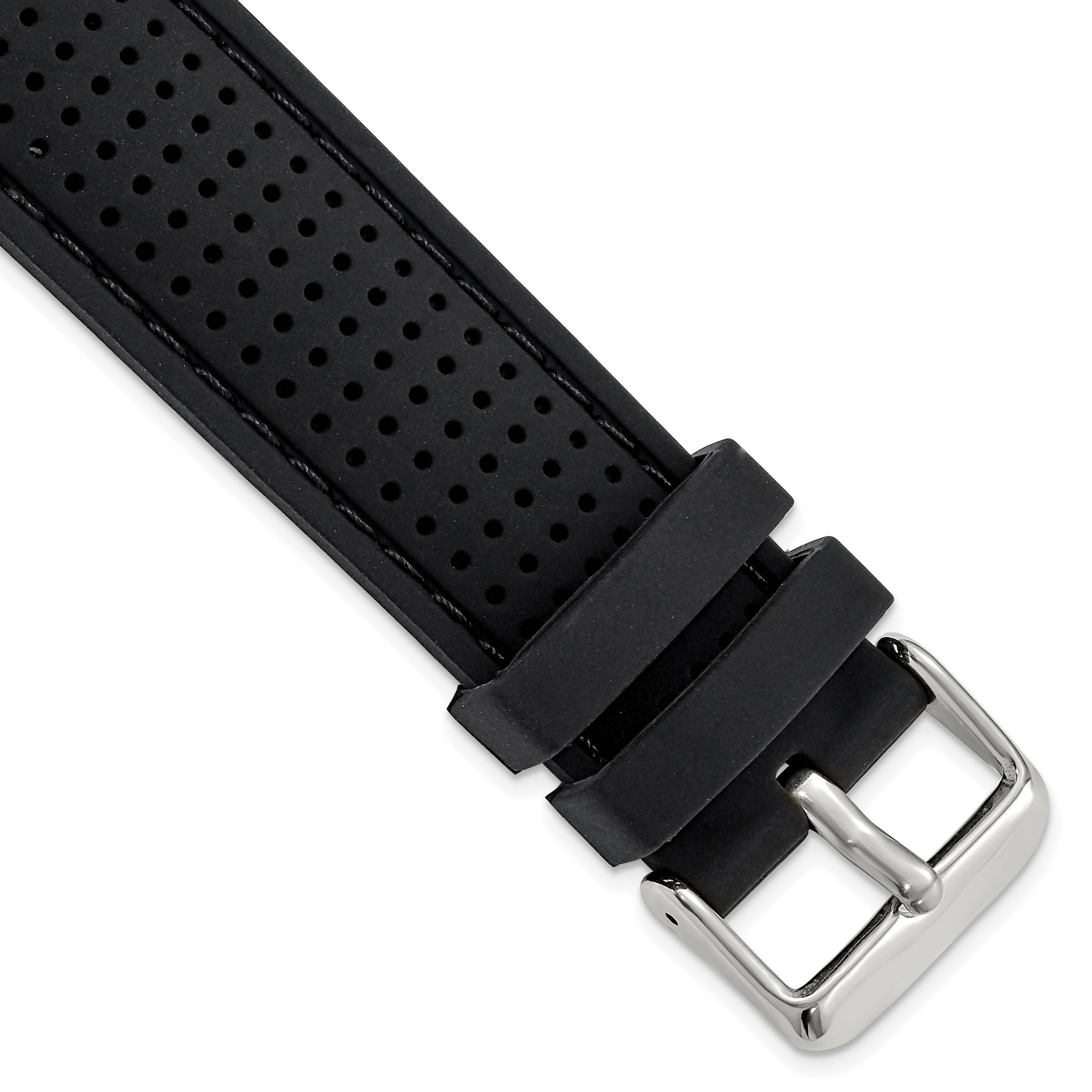 18mm Black Ventilated Silicone with Black Stitching and Silver-tone Buckle 8 inch Watch Band