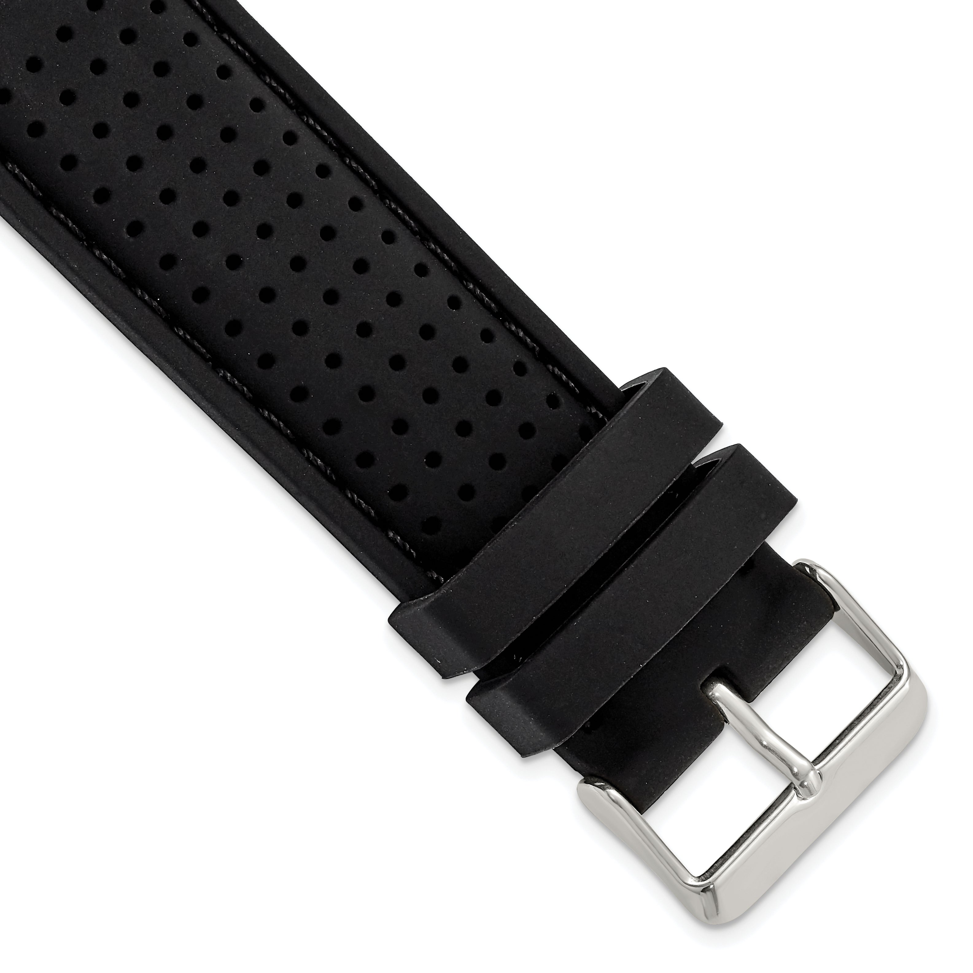 18mm Black Ventilated Silicone with Black Stitching and Silver-tone Buckle 8 inch Watch Band