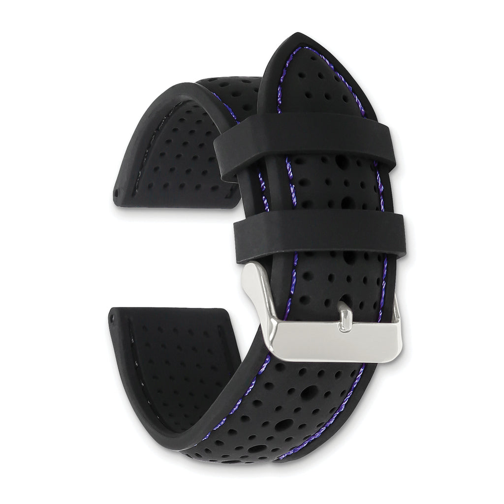 18mm Black Ventilated Silicone with Blue Stitching and Silver-tone Buckle 8 inch Watch Band