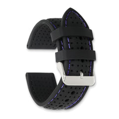 18mm Black Ventilated Silicone with Blue Stitching and Silver-tone Buckle 8 inch Watch Band
