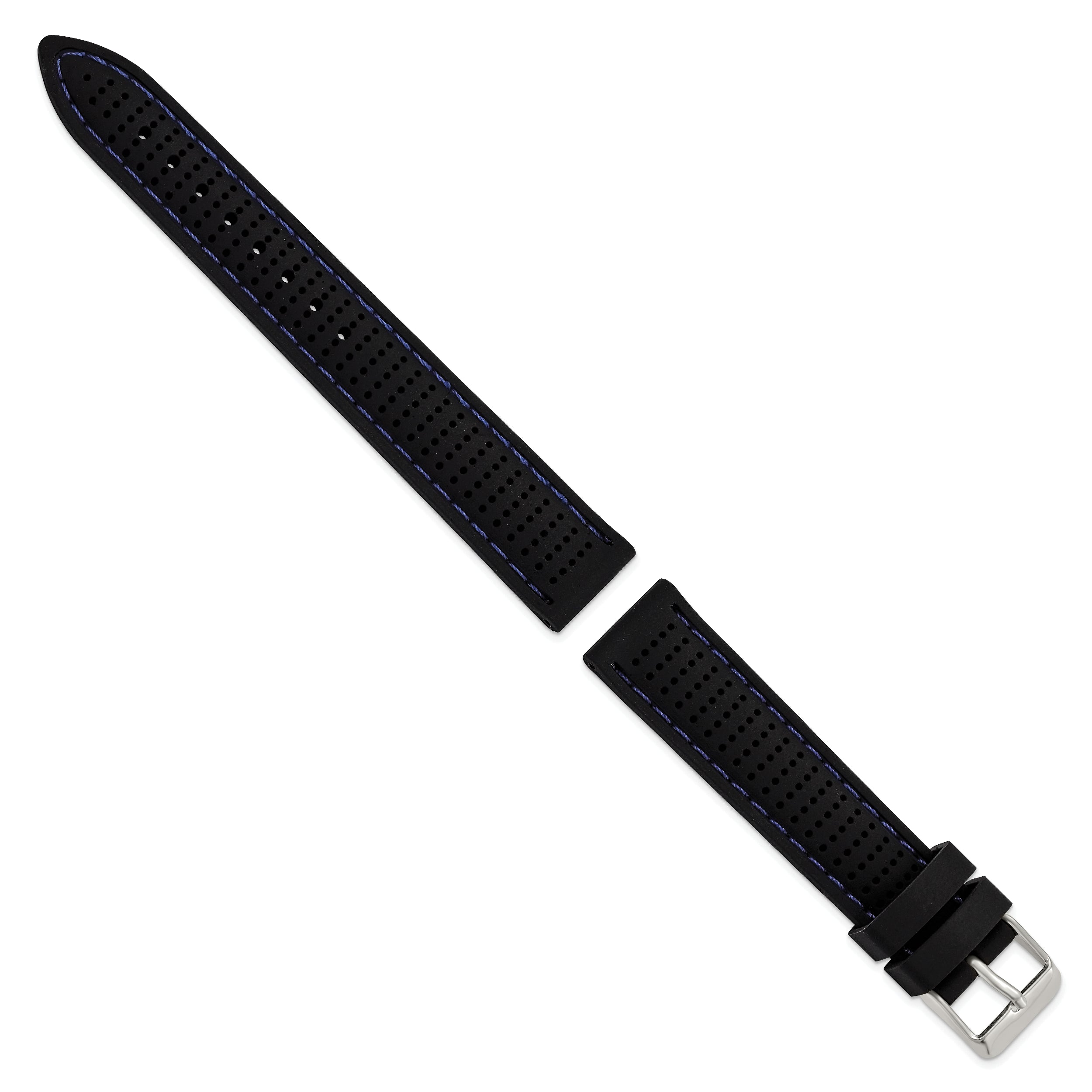 18mm Black Ventilated Silicone with Blue Stitching and Silver-tone Buckle 8 inch Watch Band
