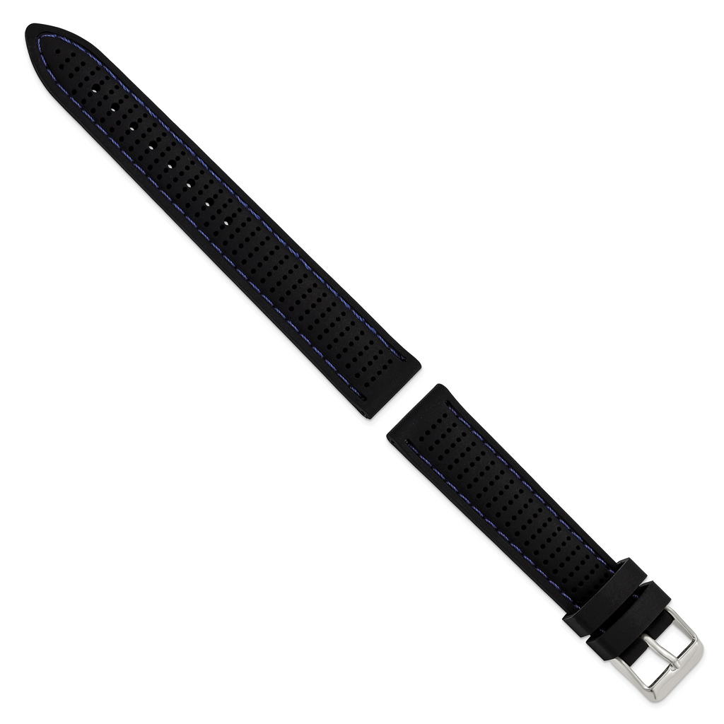 18mm Black Ventilated Silicone with Blue Stitching and Silver-tone Buckle 8 inch Watch Band