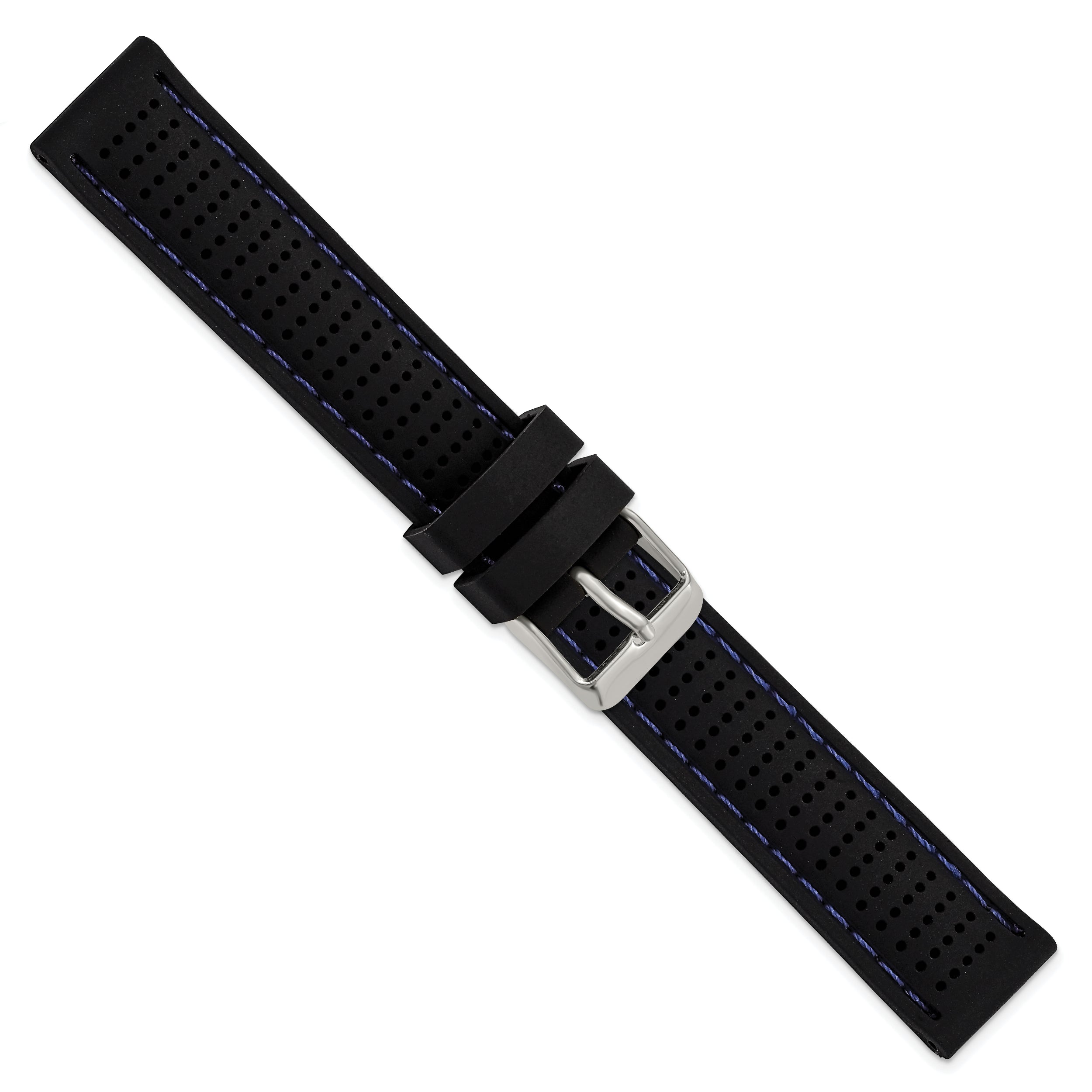 18mm Black Ventilated Silicone with Blue Stitching and Silver-tone Buckle 8 inch Watch Band