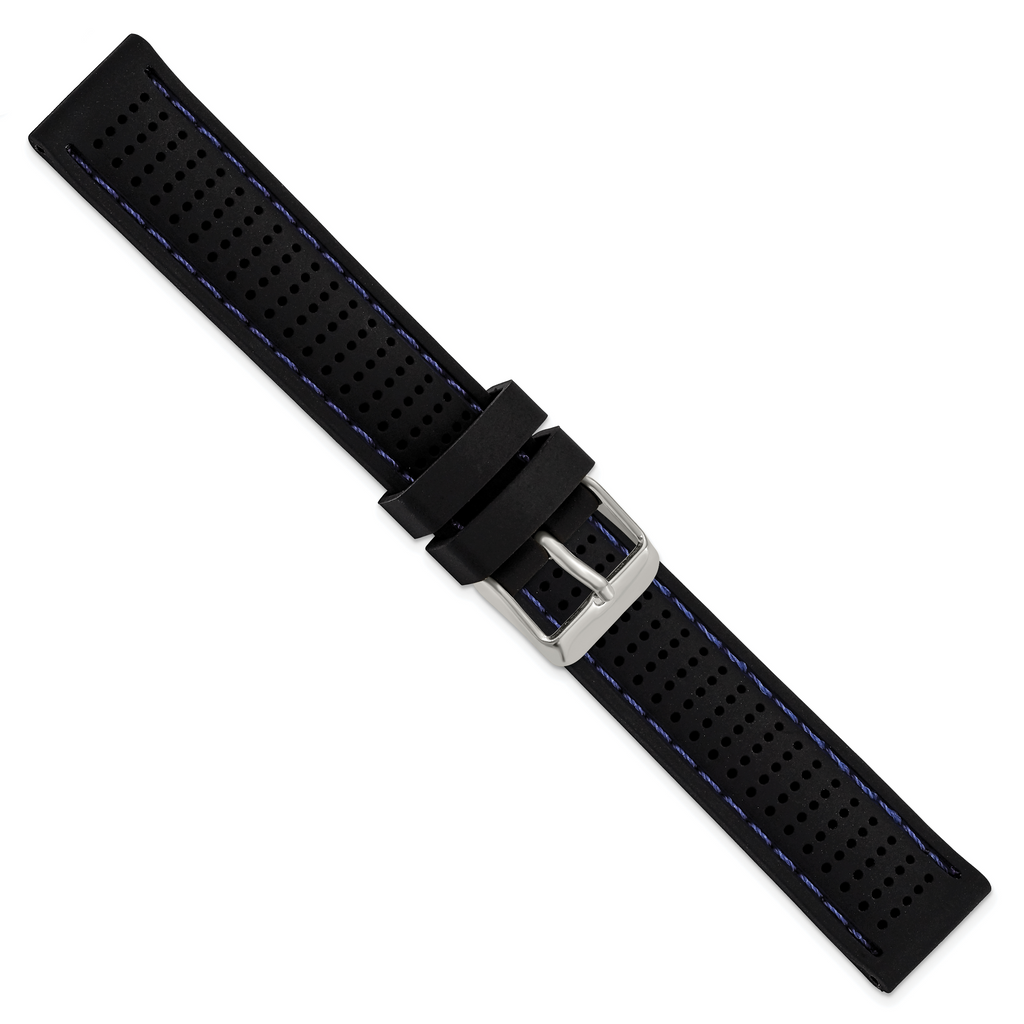 18mm Black Ventilated Silicone with Blue Stitching and Silver-tone Buckle 8 inch Watch Band