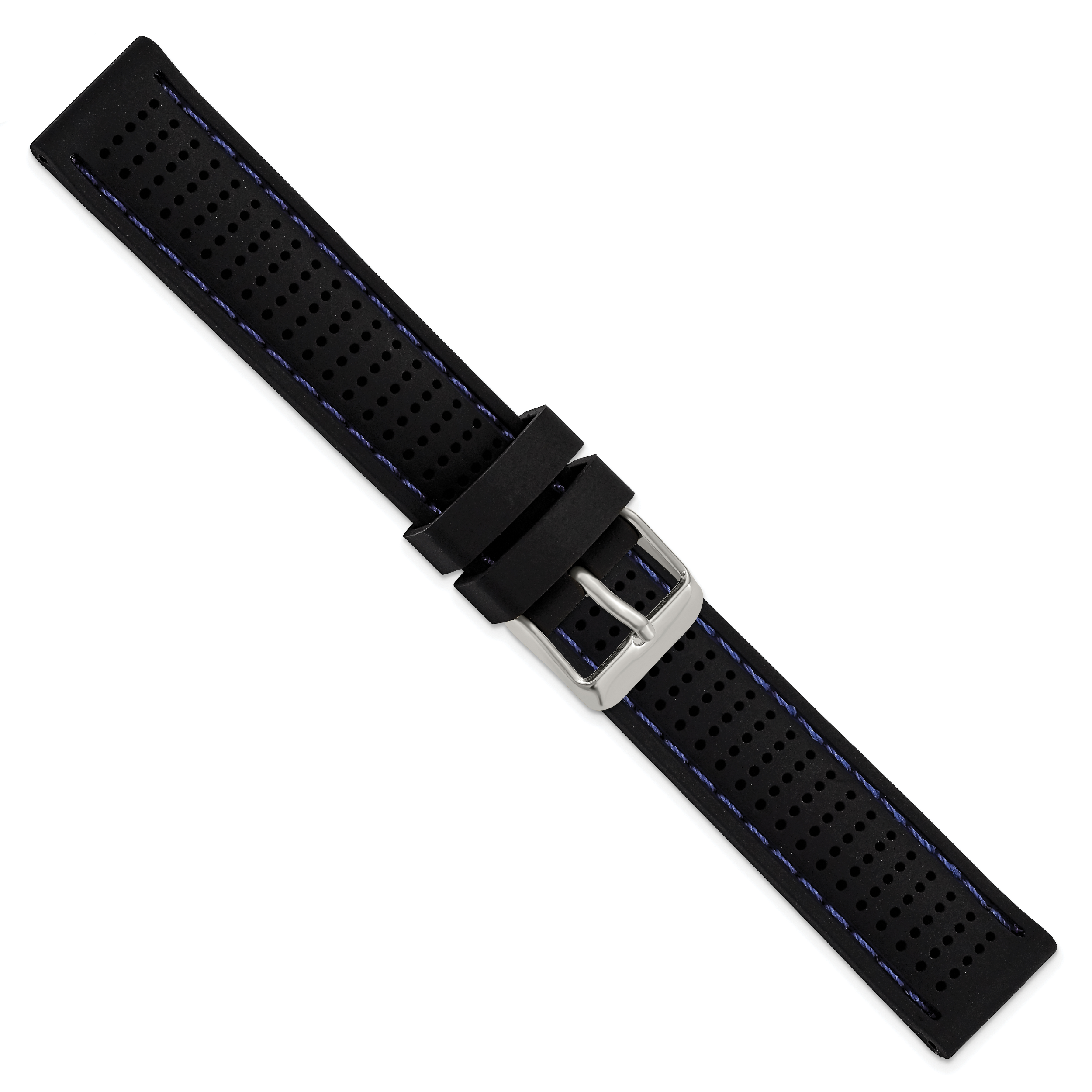 18mm Black Ventilated Silicone with Blue Stitching and Silver-tone Buckle 8 inch Watch Band
