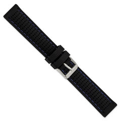 18mm Black Ventilated Silicone with Blue Stitching and Silver-tone Buckle 8 inch Watch Band