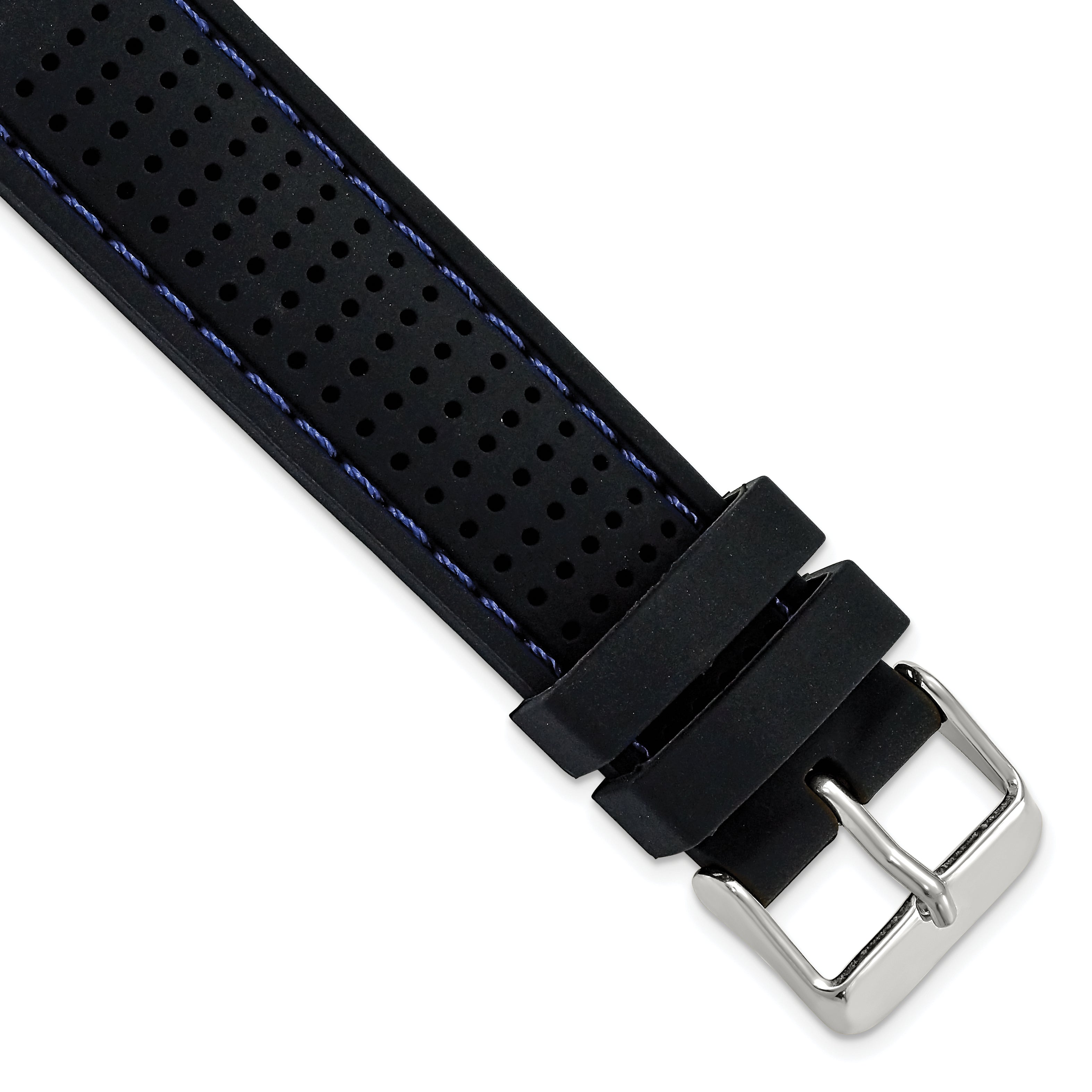 18mm Black Ventilated Silicone with Blue Stitching and Silver-tone Buckle 8 inch Watch Band