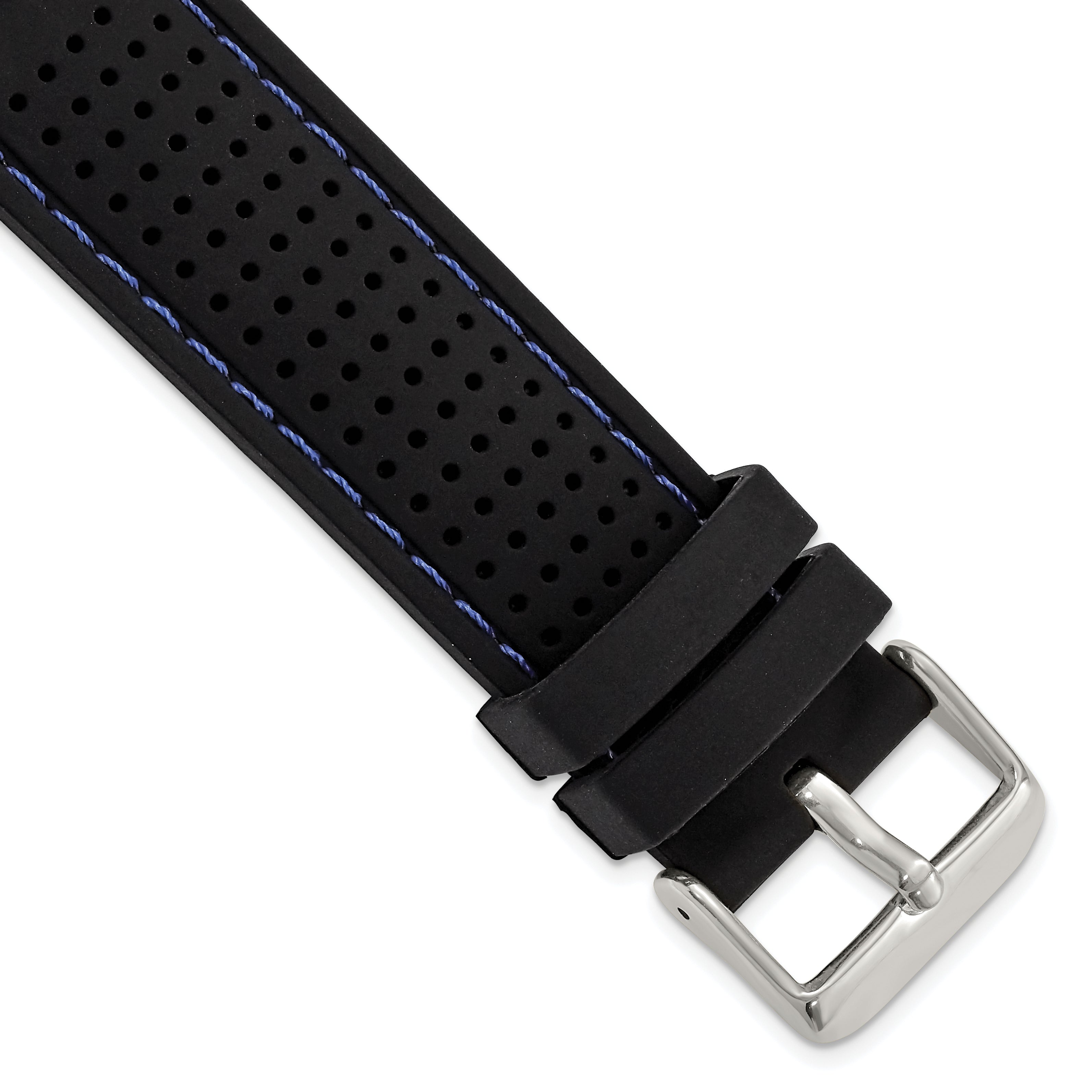 18mm Black Ventilated Silicone with Blue Stitching and Silver-tone Buckle 8 inch Watch Band