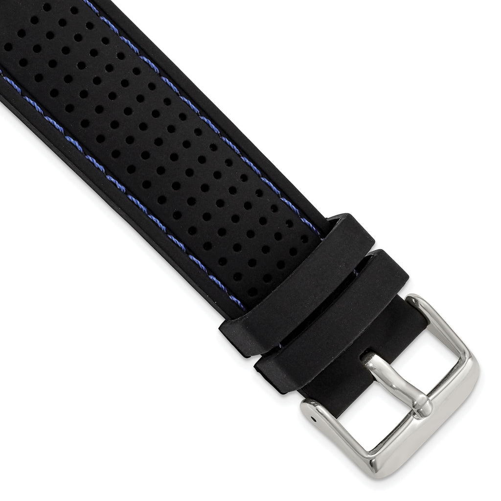 Ventilated Silicone Watch Band in Black with Blue Stitching, 20mm