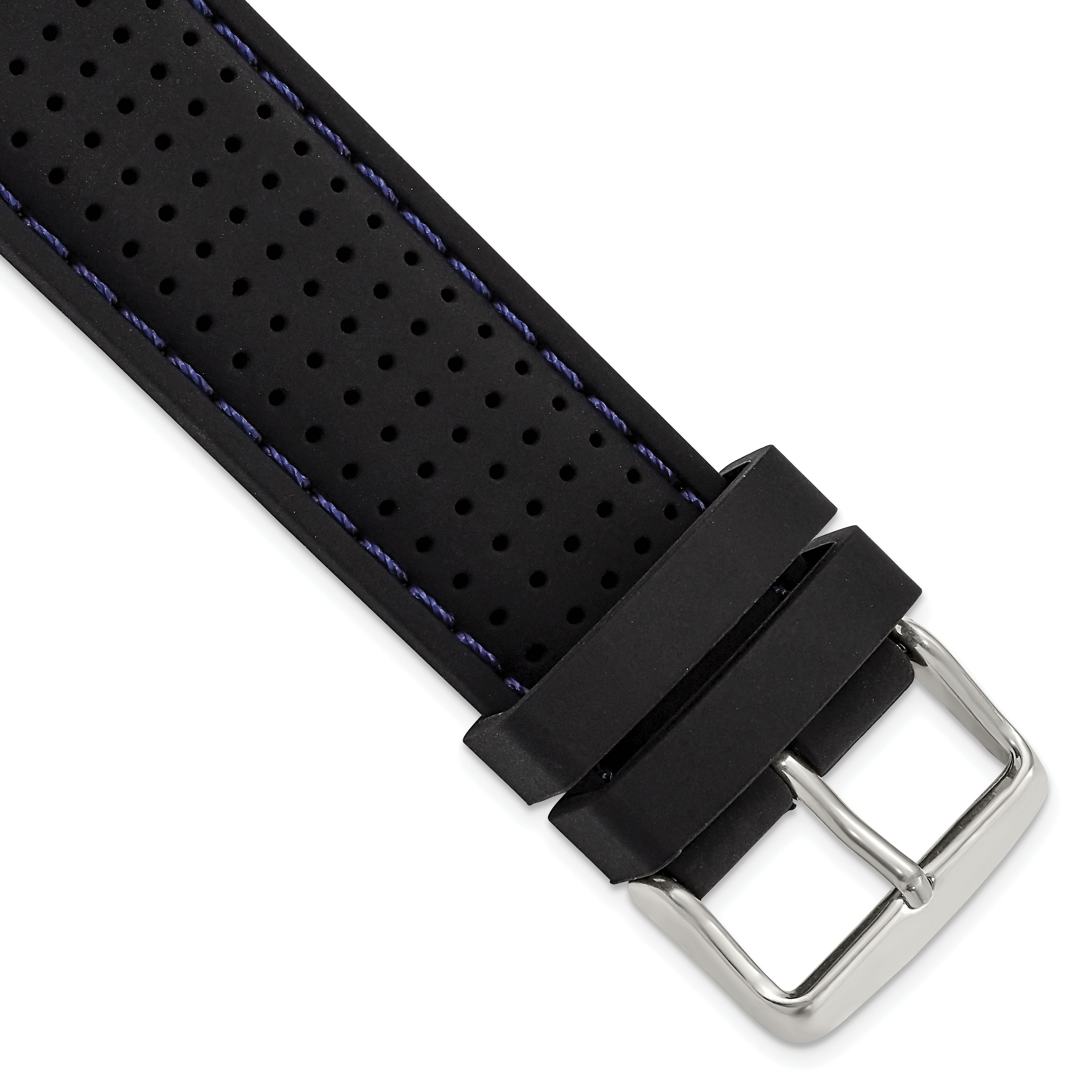 18mm Black Ventilated Silicone with Blue Stitching and Silver-tone Buckle 8 inch Watch Band