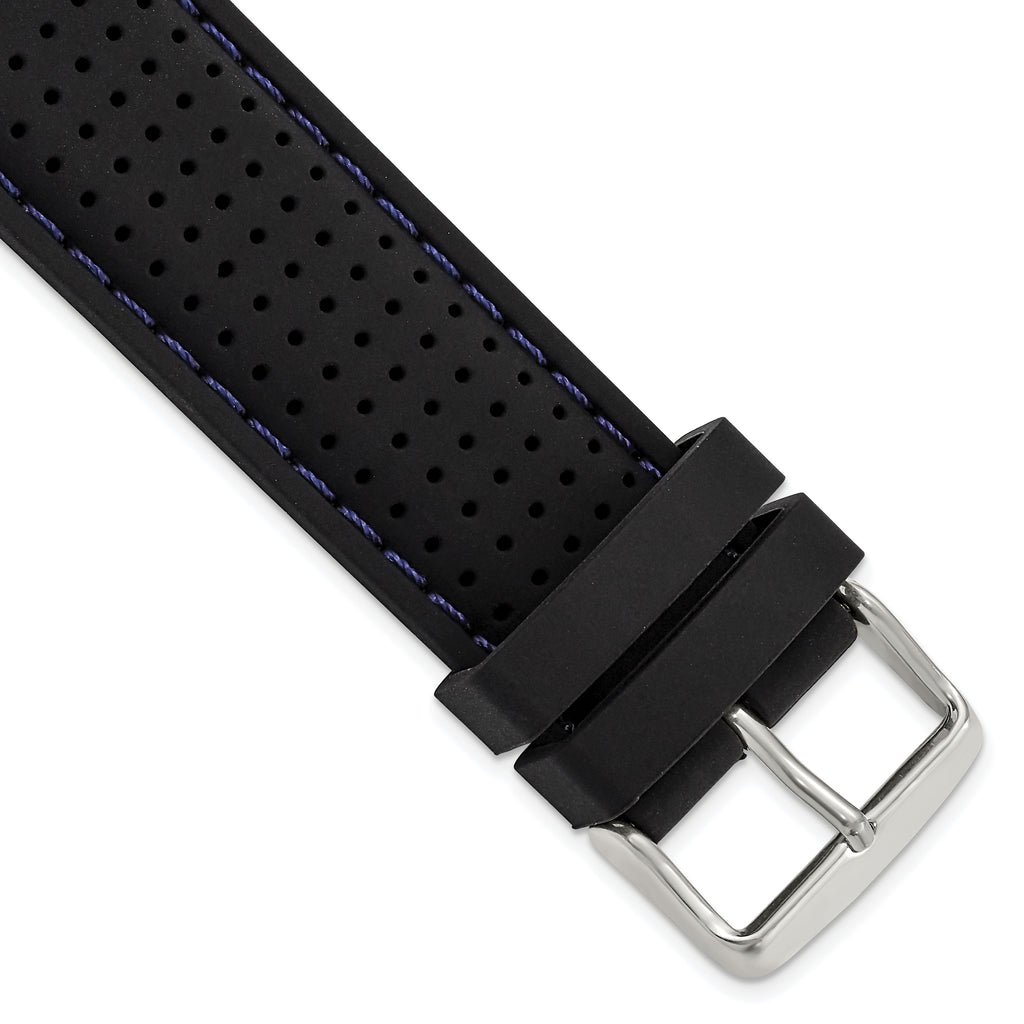 Ventilated Silicone Watch Band in Black with Blue Stitching, 20mm