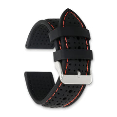 18mm Black Ventilated Silicone with Red Stitching and Silver-tone Buckle 8 inch Watch Band