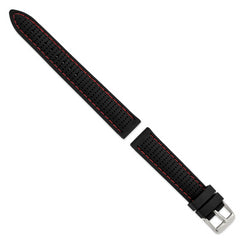 18mm Black Ventilated Silicone with Red Stitching and Silver-tone Buckle 8 inch Watch Band